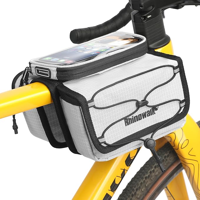 Rhinowalk Bike Top Tube Bag with Touch Screen Phone Pouch - Bicycle Frame Bag with Phone Holder, Double Side Pannier Zipper & Magnetic Closure (White)