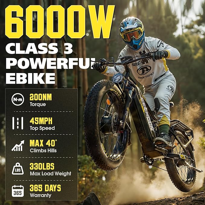 Seemoon 6000W Electric Bike for Adults,45 MPH up to 120Mile Dual Motor Ebike,60V 30Ah Battery,24" Fat Tire Electric Bicycle with Throttle Lock for Hunting Off-Road Commuter,Full Suspension E-bike