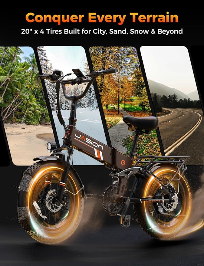 Jasion X Hunter/PRO Electric Bike for Adults,1800W/1400W Peak 20''Fat Tire Foldable Ebike,Folding E Bike Up to 80/70 Miles Range,720/624WH Removable Battery,30 MPH E Bike,Certified by UL2849