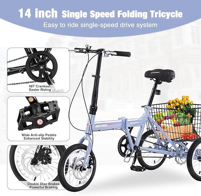 14 inch Folding Tricycle Dual Disc Brake Three Wheel Cruiser Bike Large Capacity for Adult