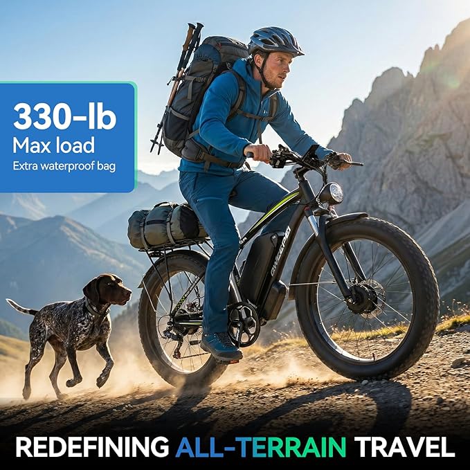 58V Max-Output Dual Motor Ebike, Peak 9000W for Adults 36AH Battery 47MPH 105 Miles Range 24 Inch Fat Tire Electric Bike LCD Display for Man Women