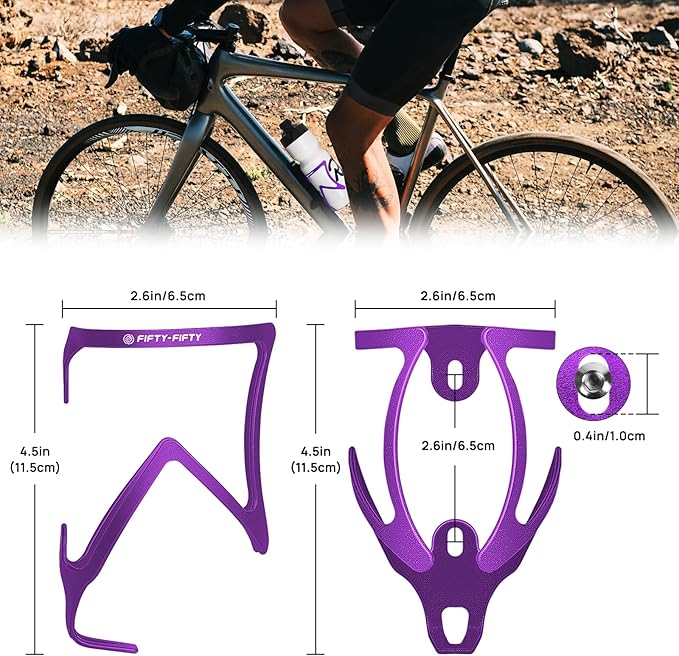 FIFTY-FIFTY 2-Pack Bike Water Bottle Holder, Aluminum Alloy Water Bottle Cage, Lightweight Bicycle Cup Holder Rack with Screws Tool, Universal Bicycle Drink Cage for MTB, Road Bike (Purple)