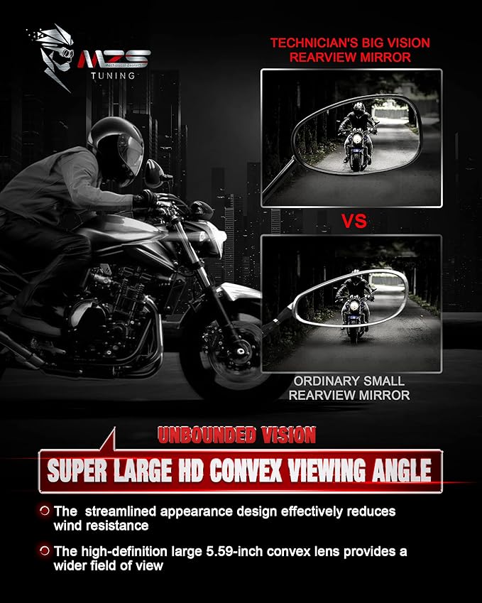 MZS Motorcycle Mirrors 10MM, Universal 360 Degree Adjustable Rear View Side Mirror Handlebar Mount ABS Black Compatible with Street Bike Touring Cruiser Adventure Scooter Coolster Moped GY6