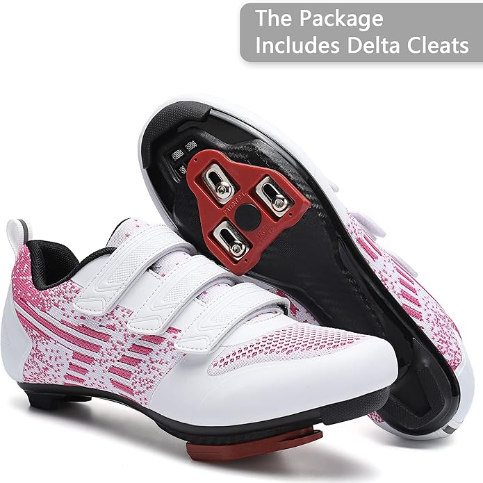 Unisex Road Bike Cycling Shoes Compatible with Peloton Shimano SPD Bike Riding Shoes for Men Women, 3 Straps, Pre-Installed Delta Cleats for Indoor Outdoor Cycling Biking