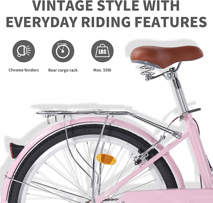 24/26in Beach Cruiser Bike for Women, Adults Bicycle Single Speed, Bicycle for Women with Basket & Steel Rack, Women's Bike for Commuting, Step Through City Bike for Adults
