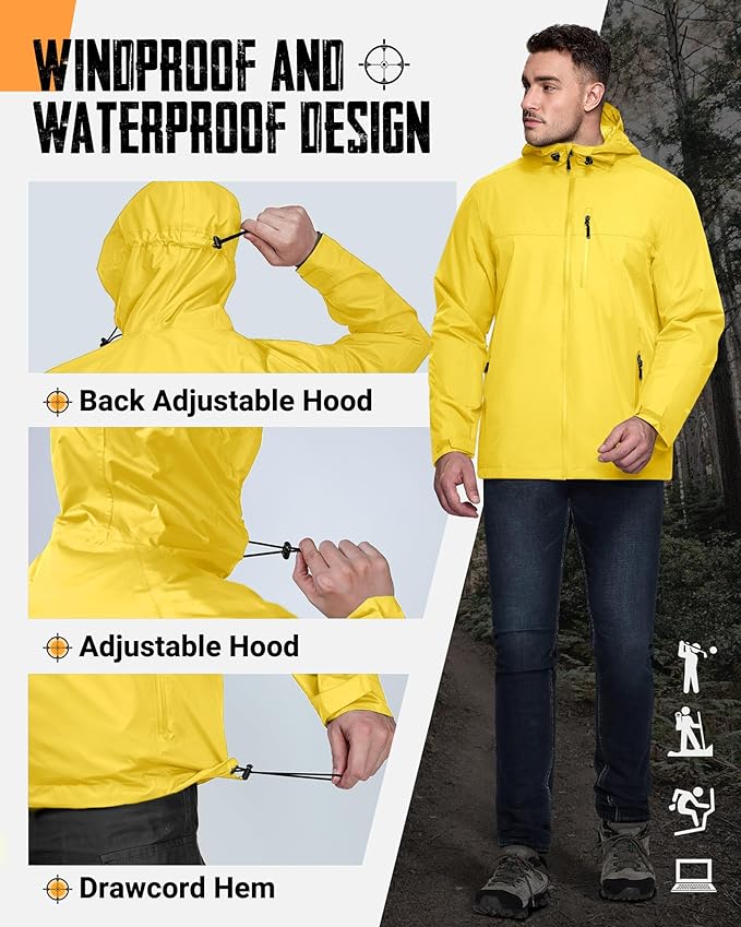 33,000ft Men's Packable Rain Jacket Lightweight Rain Shell Jacket with Hood Waterproof Raincoat for Cycling