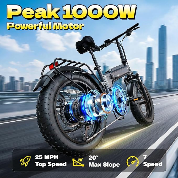 Folding Electric Bike for Adults Commuter, Peak 1000W Motor up to 25MPH, Built-in 36V Removable Battery，20" x 4.0" Fat Tire All-Terrain E-Bike, Dual Shock Absorber, APP & LCD, UL2849 Certified