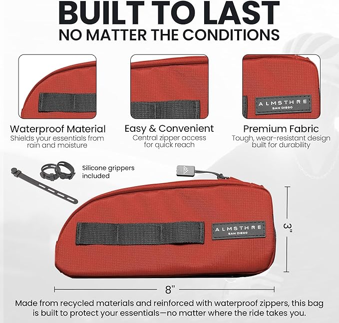 ALMSTHRE Top Tube Bag 8'' x 2'' x 3'' | Waterproof, Secure & Stable – Universal Bike Storage with Versatile Mounting – Fits Essentials | Adventure-Ready Cycling Gear
