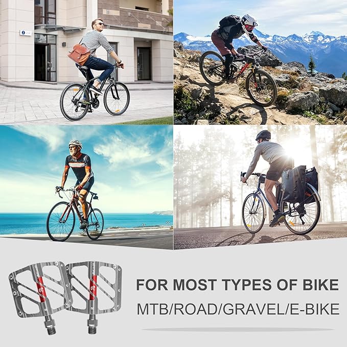 BUCKLOS MTB Flat Pedals Mountain Bike Pedals, 3 Bearings CNC Adult Road Bike Pedals, Bicycle Platform Aluminum Alloy Non-Slip Pedal for Gravel Bike/BMX 9/16"(Black)