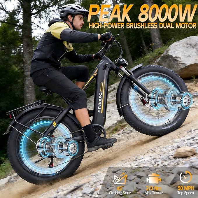 Electric Bike for Adults Men 50MPH - 8000W Peak Dual Motor Ebike,Fast AWD E Bikes,52V 26Ah 95Miles Long Range,Adjustable Stem,Dual Hydraulic Brakes,26" Fat Tire E-Bike for Commuter Mountain Off-Road