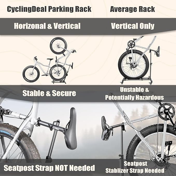 CyclingDeal Vertical Bike Stand - for Fat Bike Snow MTB Road Bikes with Max 5" Tire Width - Vertical & Horizontal Adjustable Bicycle Parking Rack with Seatpost Stabilizer - Wheel Sizes up to 29"