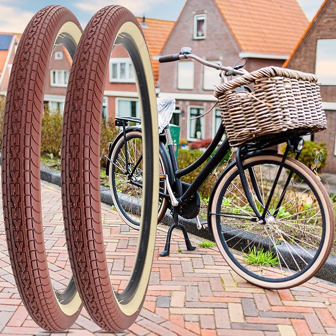 SIMEIQI 26x2.35 20x2.35 Inch Cruiser Beach Bike Tire Black White Wall or Brown Cream Wall Folding Replacement Bicycle Tire for Hybrid City Commuter Trail
