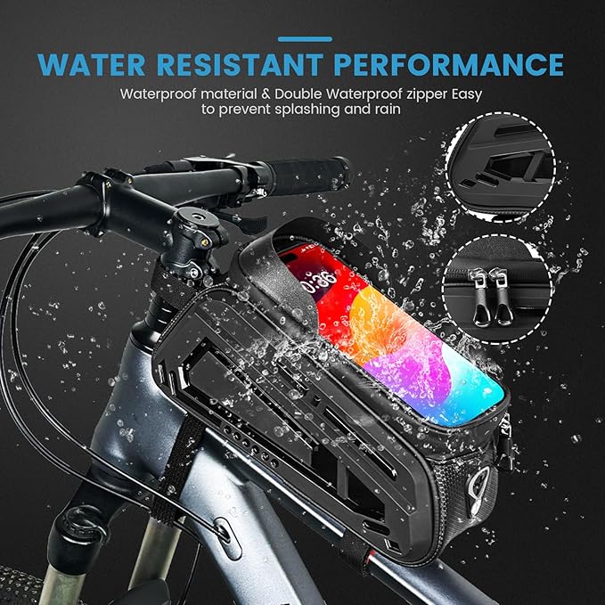 Bike Frame Bag, EVA Hard Shell Bag with 2.0L Capacity,Top Tube Bicycle Storage with 6.8" Touch screen Phone Holder, Handlebar Bike Storage Bag Cycling Pouch for MTB & Road Bikes.