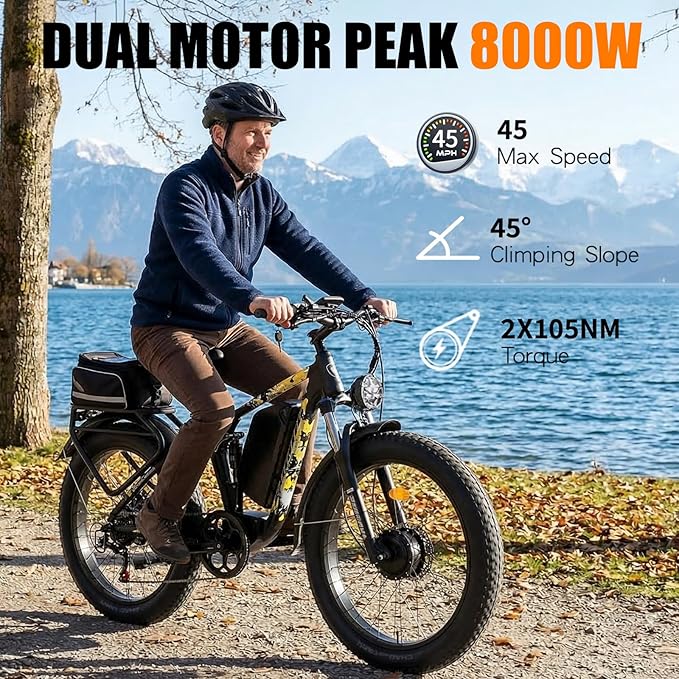 8000w Electric Bike for Adults, 60V 32Ah Battery Ebike, Fat Tire & Long Range Electric Bicycles, 210Nm Mountain Bike Full Suspension, Hydraulic Brake Electric Bicycle