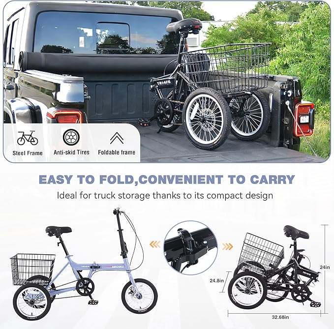 14 inch Folding Tricycle Dual Disc Brake Three Wheel Cruiser Bike Large Capacity for Adult