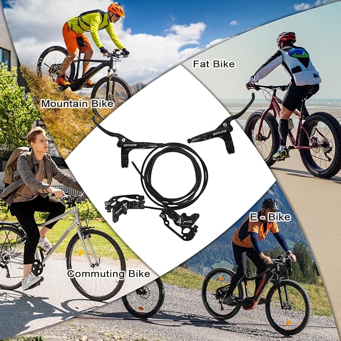BUCKLOS MTB 4 Pistons Hydraulic Disc Brake Set, Mountain Bike Left Front 850 mm Right Rear 1630 mm Bicycle Disk Break Aluminum Alloy Caliper Lever for Ebike/Folding Bicycle/Fat Bike HD-M735(Pre-Bled)