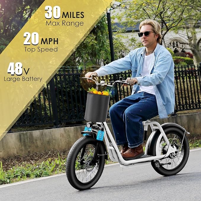 Caroma Electric Scooter with Seat for Adults, 800W Peak Motor, 20MPH & 30Miles Long Range, 20" Fat Tire Commuter E-Scooter with Basket for Grocery, Pets, and Daily Commute