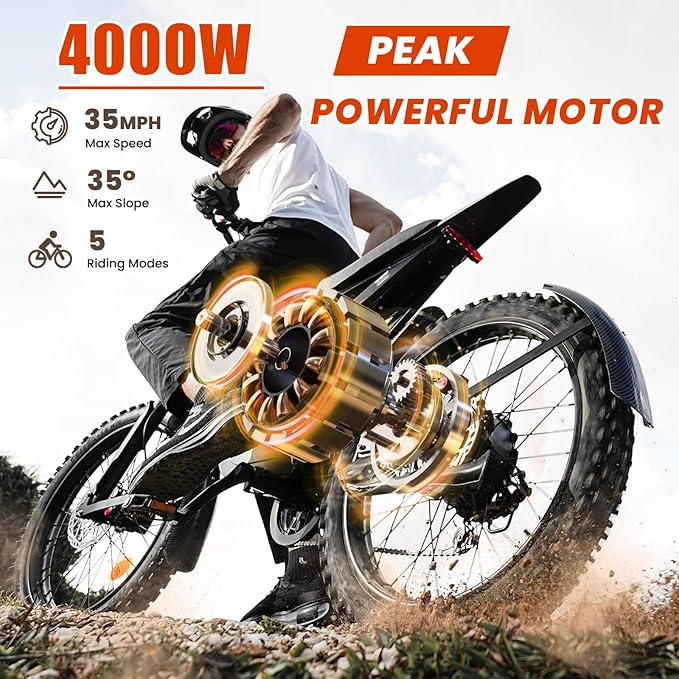Electric Dirt Bike for Adults, 𝟰𝟬𝟬𝟬𝗪/𝟮𝟬𝟬𝟬𝗪 𝗣𝗲𝗮𝗸 27AH/18.2Ah Off-Road Motorcycle, 35MPH 65+ Mile Range, 19" Fat Tire, Hydraulic Brakes, APP & NFC Control