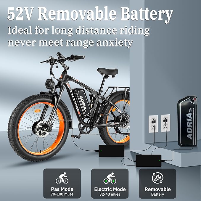Tuttio Adria26 5000W/6000W Dual-Motor Ebike,40-46MPH Electric- Bike for Adults, 26 * 4" Fat Tire Electric Bicycle, 52V 25AH E-Bike Full Suspension Electric Dirt Bike for Off-Road Mountain Hunting