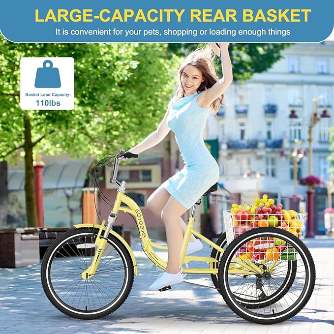 NAIZEA Folding Adult Tricycle - 7 Speed 20/24/26 Inch Folding Tricycle for Adult, 3 Wheel Bike, Foldable Trike with Large Basket/Low-Step Through for Men Women Senior