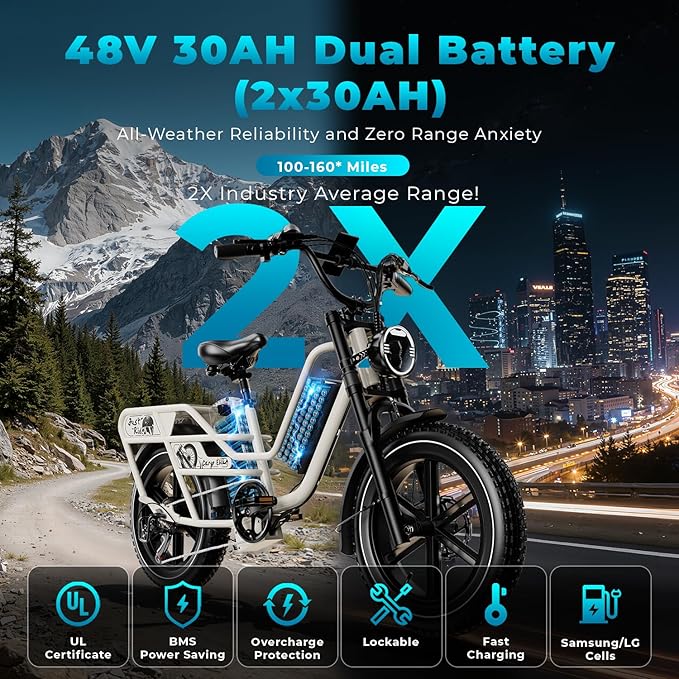Auloor Dual Battery Electric Bike for Adults, 48V 60AH 160 Miles Long Range Cargo Ebike, 1500W Motor 30MPH+, 20" Fat Tire Fast Mountain EBike, Full Suspension & Hydraulic Brakes, Torque Sensor