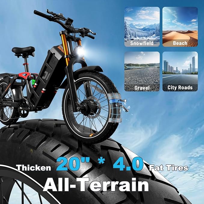 2026 eAhora Juliet Pro 2 EBike - Dual Motor 5400W/1200W 30-43MPH 60V 70Ah 200Mile Long Range Electric Bike for Adults, 20'' Fat Tire Fast Electric Mountain Bike Full Suspension Electric Bicycle