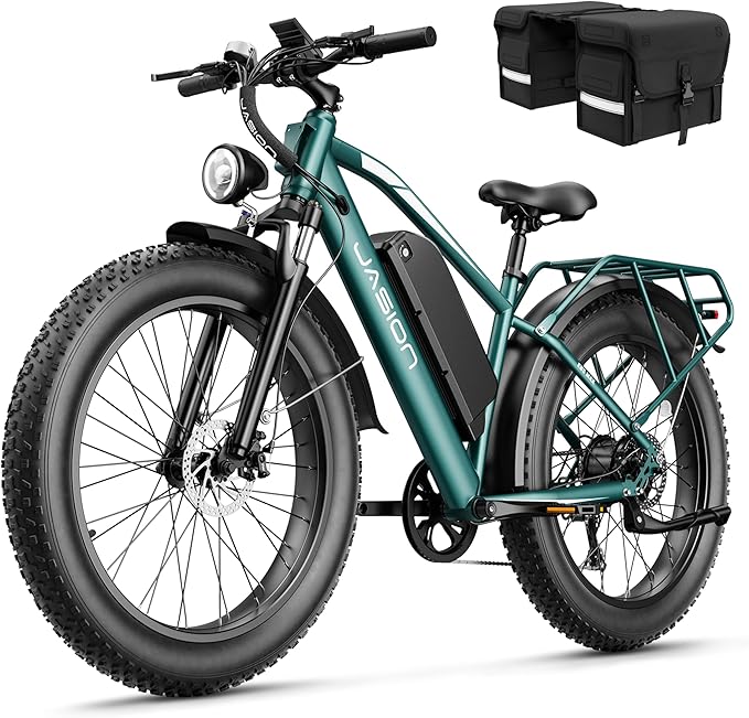 Jasion EB5 MAX Electric Bike for Adults with 2000W Peak Motor, 48V 15Ah (720Wh) Battery Electric Mountain Bike, 26'' x 4'' Fat Tire Ebike, 28+MPH Speed, Cruise Control, with Fenders, Rear Rack