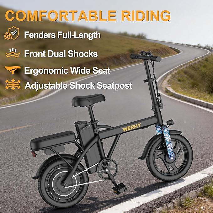 WERHY Electric Bike for Adults, 500W Motor, 22 MPH Max Speed Folding Ebike, 14" Electric Bicycles, Max 30/40 Miles Range (Pedal Assist Mode), Mini E Bikes