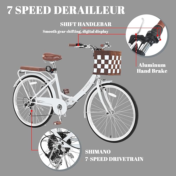 24/26 Inch Foldable Beach Cruiser Bike for Women, 7 Speed Folding Bikes for Adults, Womens City Bike with Basket & Adjustable Seat, Step Through Commute Bikes for Women Adults