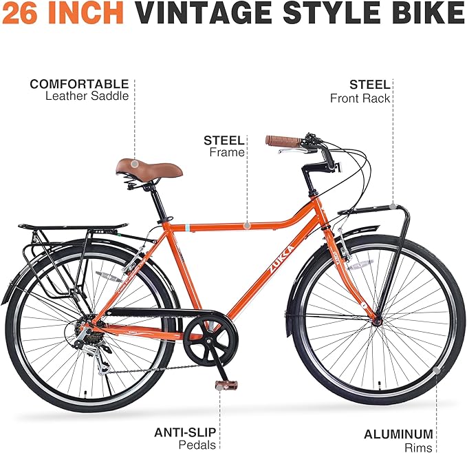 Vintage Style 26 Inch Adult Cruiser Bicycle Hybrid Bike 7 Speeds Commuter Bike for Women, Men, Seniors, SHMANO Shifter and derailleur Step-Over Steel Frame,Double Cargo Rack，4 Colors