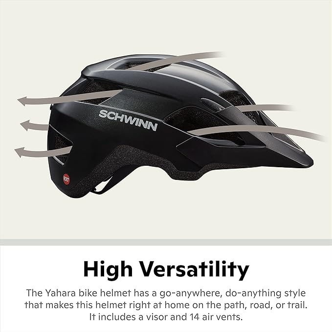 Schwinn Yahara ERT Bike Helmet for Adult Youth Men Women Ages 8 and Up, Can Fit Head Circumference 54-62 cm, with 14 Vents, Removable Visor, and Adjustable Locking Strap