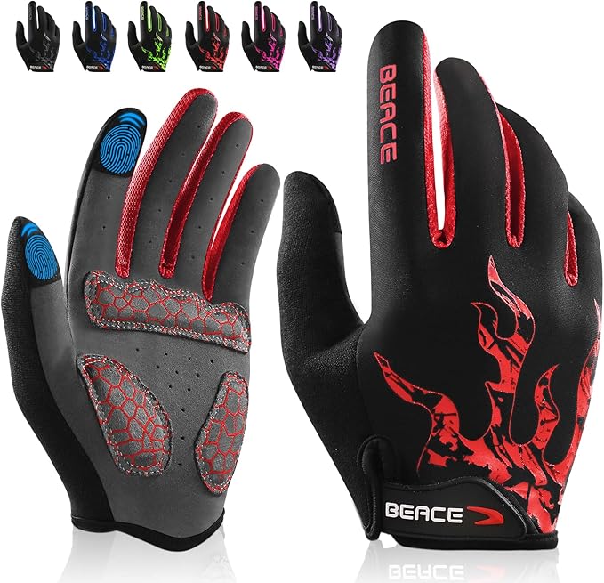 BEACE Cycling Gloves for Men Women - Full Finger Mountain Bike Gloves With Touch Screen and Anti-Slip Silicone Palm - Workout and Road Bicycle Gloves