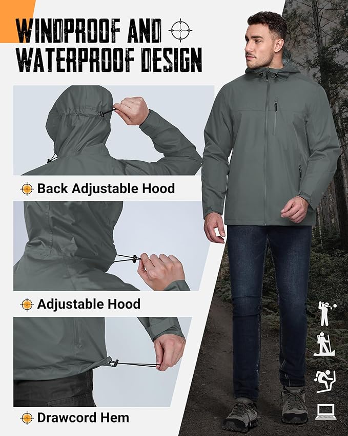33,000ft Men's Packable Rain Jacket Lightweight Rain Shell Jacket with Hood Waterproof Raincoat for Cycling