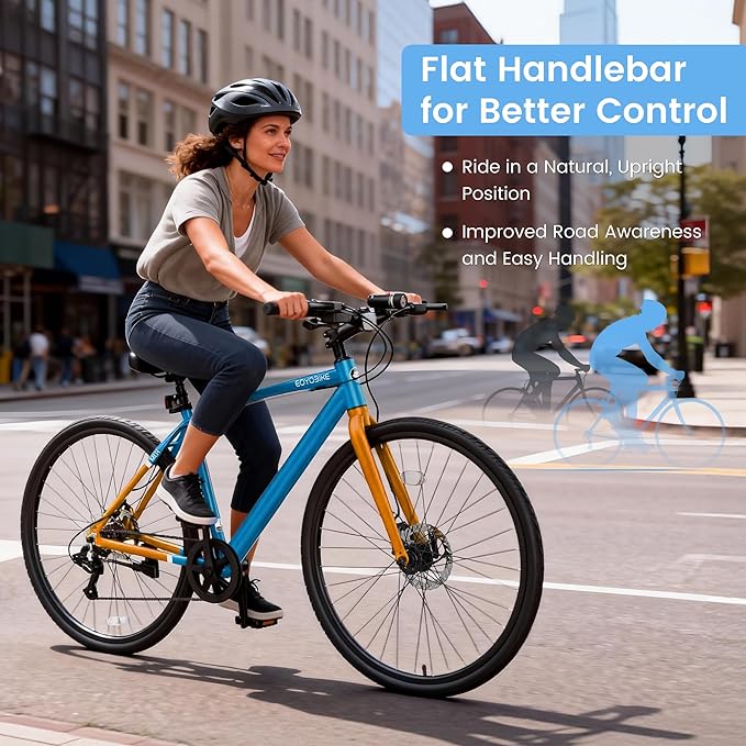 700C Hybrid Bike for Adults, Lightweight Aluminum City Commuter Bicycle, 8-Speed Urban Fitness Bike for Men & Women, Dual Disc Brakes, Upright Handlebar, LED Headlight & Reflectors