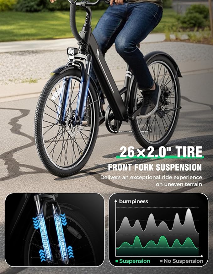 26" Electric Bikes for Adults, Peak 1000W Electric Bike, Up to 25MPH&40 Miles, Ebike for Adults with 375Wh Removable Battery, 7-Speed&Front Suspension Commuter Ebike for Outdoor (Jet Black)