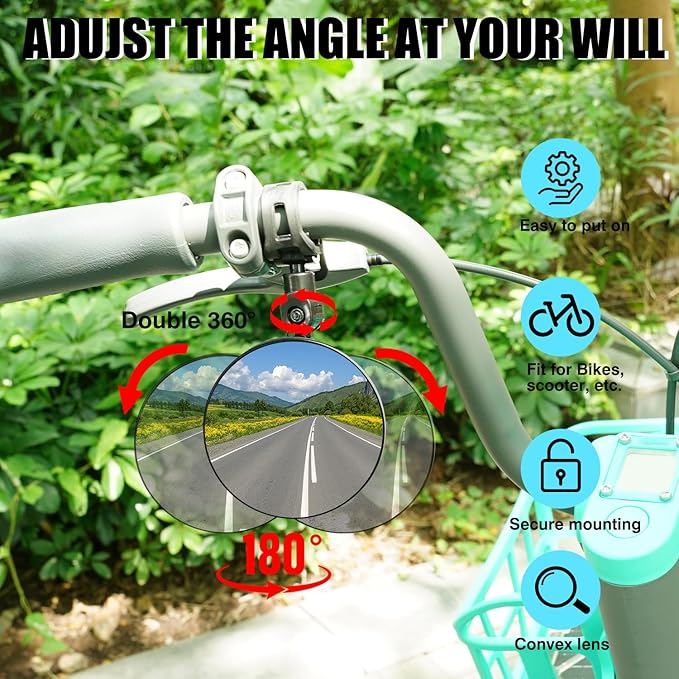 Bike Mirror Handlebar Mount, 2 Pcs 360° Rotatable Adjustable Acrylic Convex Mirror, No Tool Installation, Vibration-Free Wide View for Mountain/Road/E-Bike/Scooter - Bicycle Accessories