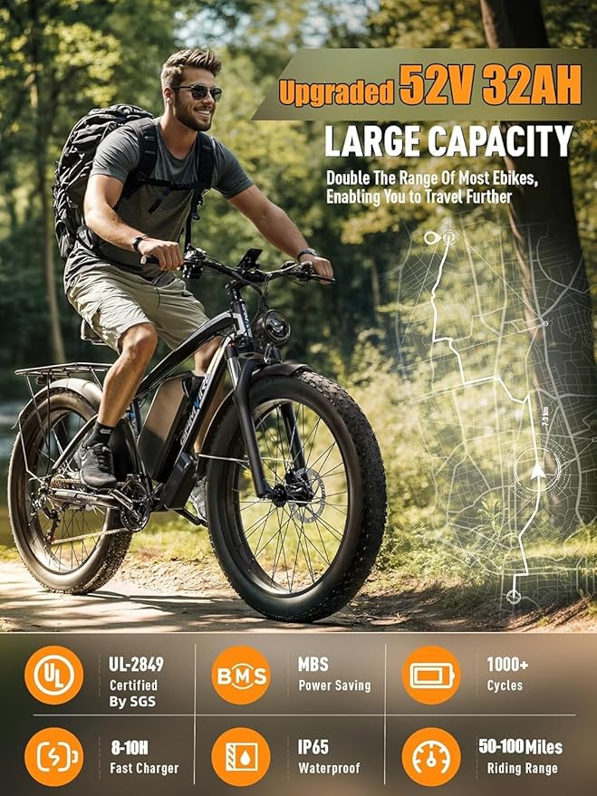 Ebike for Adults Electric, 52V 19.2Ah/32Ah, Peak 2000W/2500W E-Bike, 36/40MPH, 70 Miles/100Miles, Hydraulic Disc Brake, Off Road Snow Mountain E-Bike, 24"/26" Fat Tire Electric Bicycle UL2849 by SGS