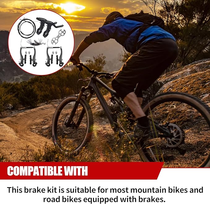 Complete Bike Brakes Set，Inner and Outer Callipers Cables Lever Kit ，Universal Bike Front and Rear MTB Brake with Multi-Tool Wrenches Black