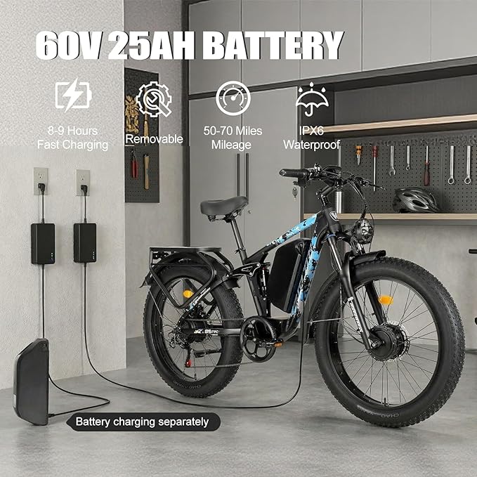 8000w Electric Bike for Adults, 60V 32Ah Battery Ebike, Fat Tire & Long Range Electric Bicycles, 210Nm Mountain Bike Full Suspension, Hydraulic Brake Electric Bicycle
