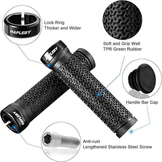 Hapleby Premium Bike Handlebar Grips, Single Lock-on Professional Mountain Bicycle Handlebar Locking Grips with Anti-Slip, 2PCS Screw and 2PCS Allen Wrench for Free