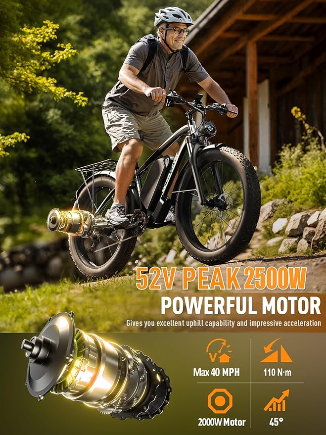 Ebike for Adults Electric, 52V 19.2Ah/32Ah, Peak 2000W/2500W E-Bike, 36/40MPH, 70 Miles/100Miles, Hydraulic Disc Brake, Off Road Snow Mountain E-Bike, 24"/26" Fat Tire Electric Bicycle UL2849 by SGS