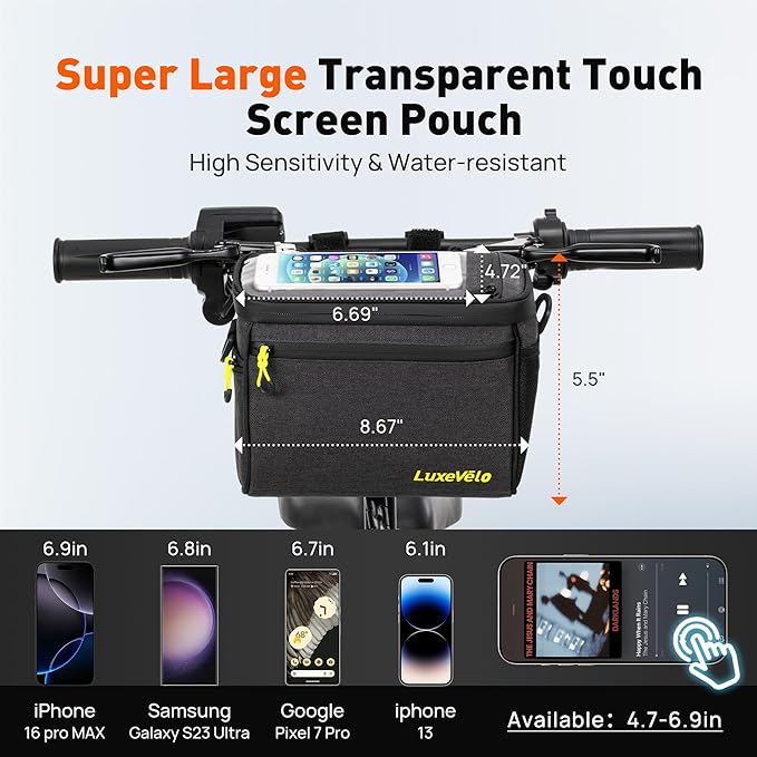 Bike Handlebar Bag Waterproof Front Bicycle Basket Bag 5L Storage Bag with Touch Screen Shoulder Strap, Mesh Pockets, Shoulder Strap,Waterproof Zipper