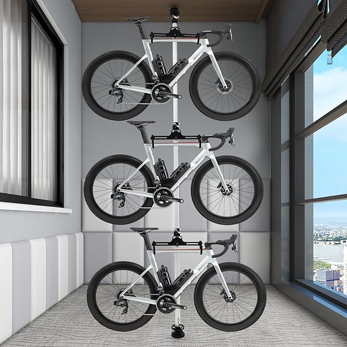 JOMCYDM Bike Storage Rack,Indoor 3 Bike Bicycle Vertical Hanger Floor Parking Rack Storage Stand for Garages or Apartments Hook for Bicycles Mountain or Hybrid Bikes,Height Adjustment 5.74-13.12 ft