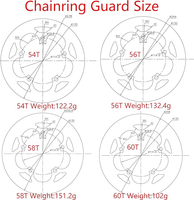 PROWHEEL Bike Chainring Guard,130MM BCD 42T/44T/46T/48T/52T/53T/54T/56T/58T/60T Aluminum Alloy Chain Ring Protector Cover for Chainring Sprockets MTB,E-Bike,Road Bike,City Bike,Folding Bike