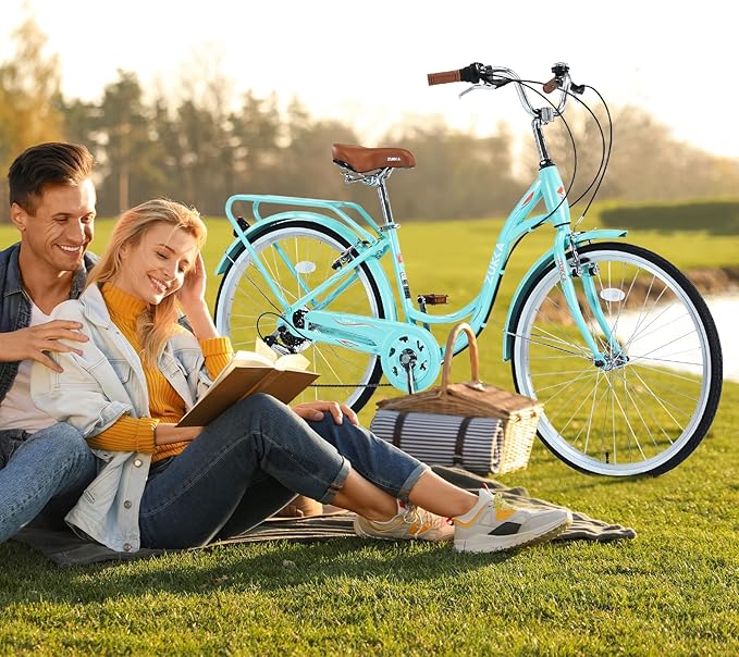 ZUKKA Beach Cruiser Bike for Women 24/26 Inch Ladies Bike 7 Speed Complete Cruiser Bikes with Dual V-Brake and Adjustable Seat, Adult City Bike for Women, Men, Multiple Colors