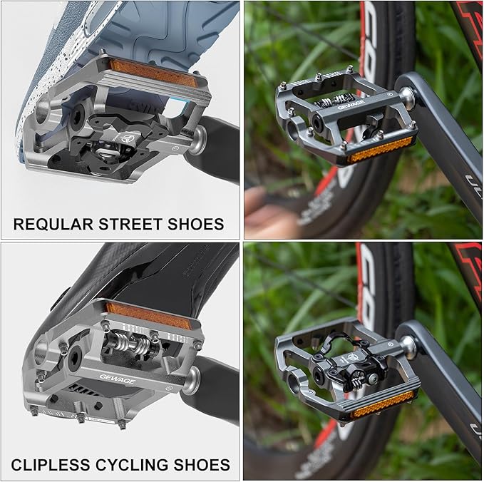 Mountain Bike Pedals with Reflector- Dual Function Plat & Clipless Pedals, Bicycle Pedal 9/16”Compatible with SPD - 3 Sealed Bearings Bicycle Platform Mountain Pedals