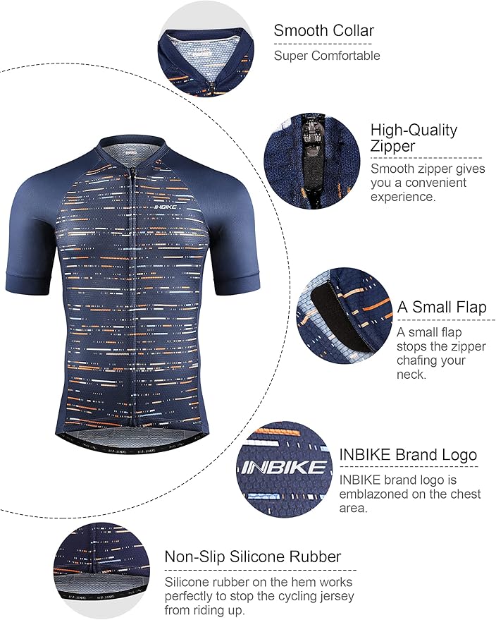 INBIKE Mens Cycling Jersey 3 Rear Pockets Moisture Wicking Short Sleeve Quick Dry Reflective Biking Shirts