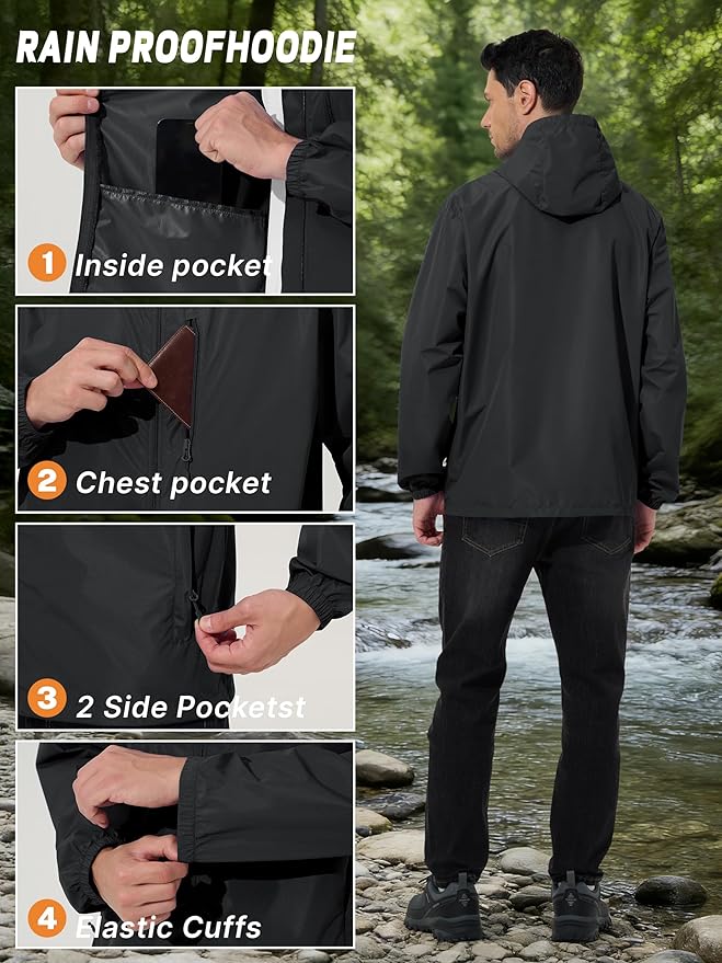 Men's Cycling Jacket Rain Jacket Waterproof Windbreaker Raincoat Running Hiking Gear Hood Lightweight Packable