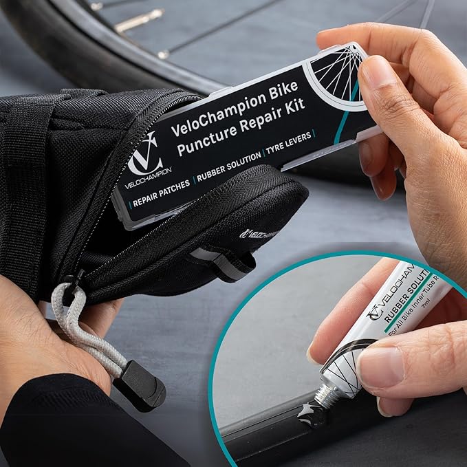 VeloChampion Glue Bike Tyre Puncture Repair Kit with Rubber Solution and Storage Case for All Bicycles; Road, Mountain, Commuter Bikes. 11 Repair Patches. 3 Tyre Levers