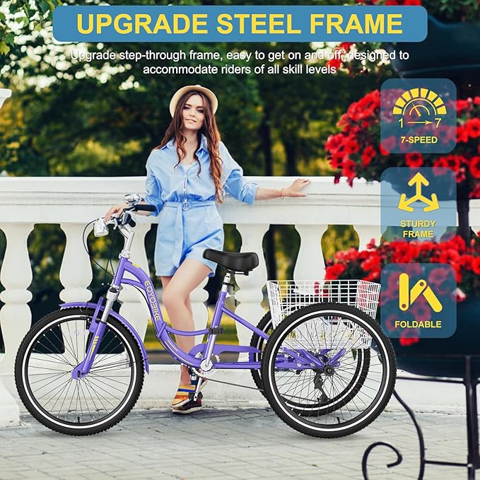 NAIZEA Folding Adult Tricycle - 7 Speed 20/24/26 Inch Folding Tricycle for Adult, 3 Wheel Bike, Foldable Trike with Large Basket/Low-Step Through for Men Women Senior